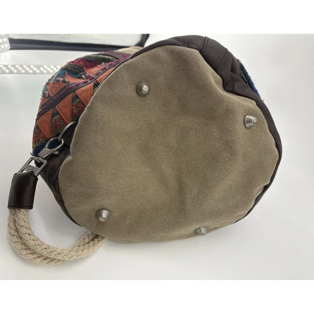 TOMS Canvas Drawstring Pouch Sak Bag Geometric Embroidered Boho Faux Leather